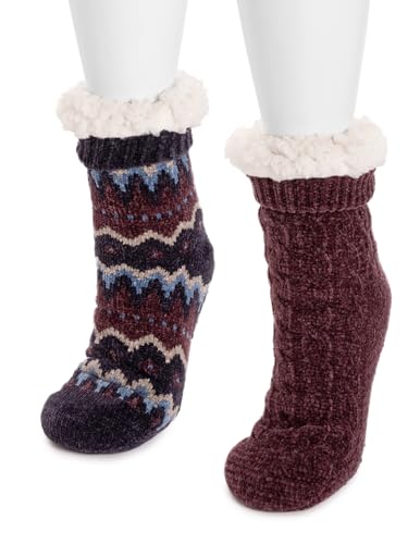 MUK LUKS Women's Fuzzy Chenille Plush Lined Tall Rib Cuff Cabin Socks, 2-Pack, M/L & L/XL2