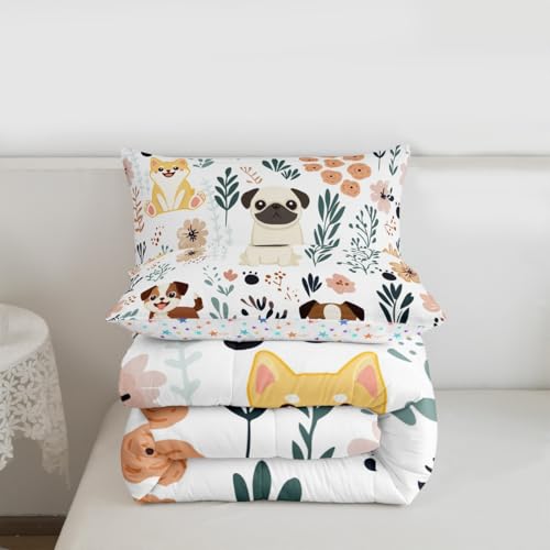 Image of Feelyou Cute Puppy Dog Bedding Set Kids Toddler King, Dog Animal Bedding Set Dogs and Flowers Comforter Set Botanical Plant Duvet Set Durable Quilt Set