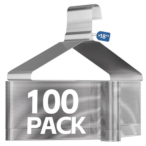 SPECILITE 18 Inch Wire Metal Clothes Hangers Bulk 100 Pack for Large Size Suits, Coats, Shirts, Pants, Skirts, Space Saving, Non Slip,12 Gauge Ultra Thin, Silver
