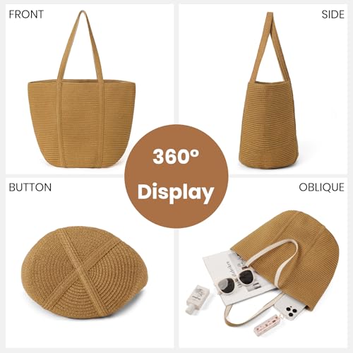 Loiyadn Straw Bag, Beach Bag Straw Beach Bags for Women Foldable Packable Beach Tote Lightweight Shoulder Handbags - Khaki,Medium — view 5