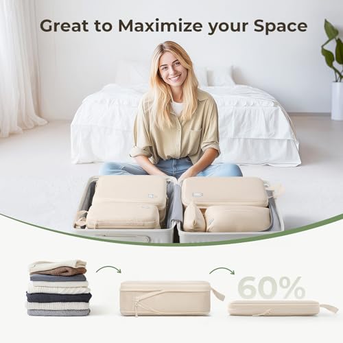 Samfolk Compression Packing Cubes for Suitcases Packing Cubes Compression Set Waterproof Suitcase Organiser Bags for Travel Suitcase Luggage Packing Organizer Bags Travel Essentials Cream 8 set - Image 3