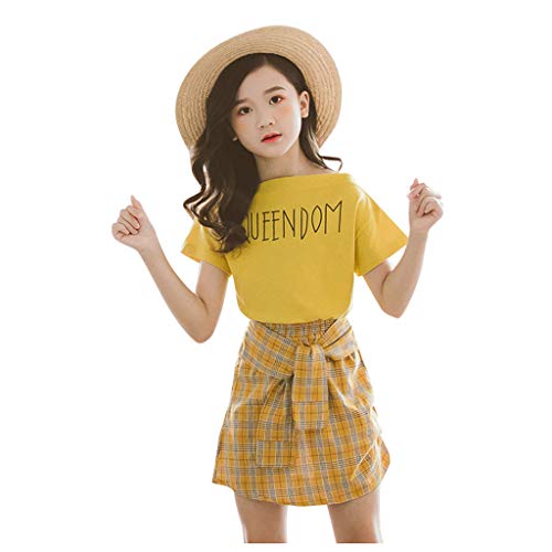 Cute Girls Outfits Children Kids Baby Girls Fashion Letter Tops Tee Plaid Knot Skirts Set Outfits (Yellow, 7-8 Years)