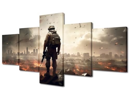 ‌Canvas Wall Art Patriotic Vista Majesty‌ Five-Panel Framed Artwork Featuring Man Silhouetted On Hilltop With Grand American Flag Backdrop Symbolic Patriotism And Freedom Landscape(50" Wx24 H)