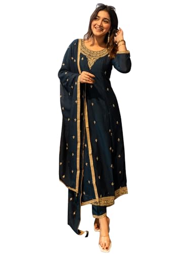 Image of VredeVogel Women's Silk Blend Embroidered Anarkali Kurta with Pant & Dupatta Set | Festive & Casual Women Ethnic Kurta Set for Women