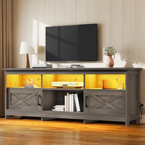YITAHOME TV Stand for 80/75/70 Inch TVs Farmhouse Entertainment Center with LED Lights & Storage Cabinets Open Shelves & Adjustable Shelf TV Consoles for Living Room Washed Gray