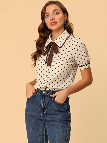 Allegra K Polka Dots Blouse for Women's Peter Pan Collar Bow Tie Neck Puff Sleeve Vintage Shirt Top2