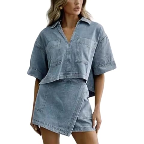 ELFTOWN Women's Denim Outfits Sets 2 Piece V Neck Short Sleeve Tunic Top Pullover High Waisted Jean Skorts Skirts Set (Small, Blue) Cover