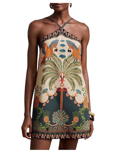 MakeMeChic Women's Hawaiian Dresses Halter Tropical Beach Luau Outfits