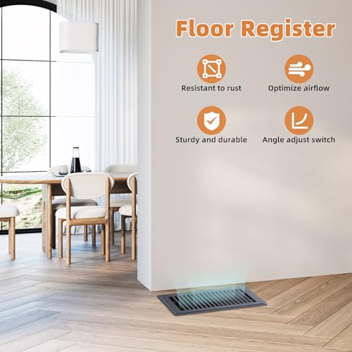 Image of 6 x 10 Floor Register, Gray Heavy-Duty Steel Vent Covers for Home Floor with Adjustable Airflow Control Lever, Easy Installation and Quiet Operation for HVAC Systems - 4 Pack