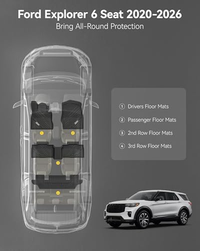 Image of 3W Ford Explorer Floor Mats Fit for 2020-2025 2026 Explorer 6 Passenger, TPE All Weather Floor Liner Custom Fit for Explorer Full Set Accessories 3-Rows Car Liners (Includes Explorer Hybrid)