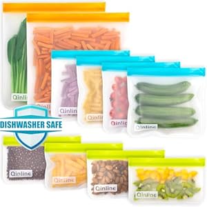 Qinline Reusable Food Storage Bags – 10 Pack Dishwasher Safe Freezer Bags, BPA Free Reusable Bags Silicone, Leakproof Reusable Lunch Bag for Salad Fruit Travel – 2 Gallon 4 Sandwich 4 Snack Bags