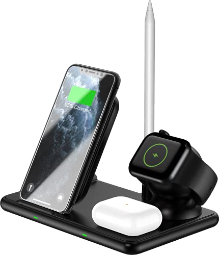 Charging Dock Stations 4 in 1 Wireless Charging Station for Apple Products - 15W Fast Wireless Charger for Apple iPhone, iWatch, Airpod with Adapter & iWatch Charging Cable (Black)