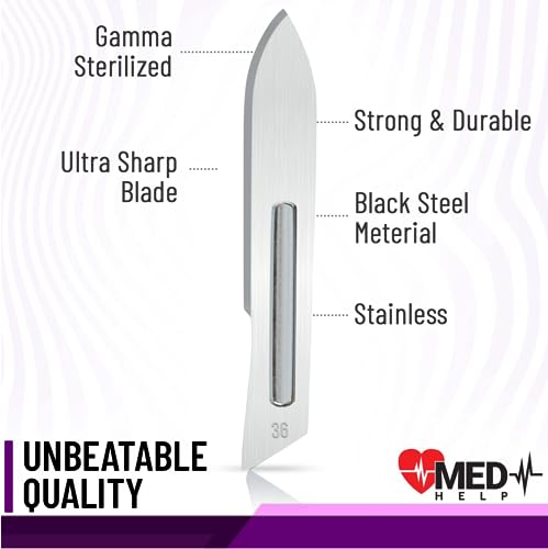 MedHelp Pack of 100 Disposable Scalpel Blades #36, Size 36 Surgical Blades, High Carbon Steel Dermaplane Blade Tool. Individually Wrapped #36 Scaple Blade, Sterile