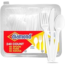 Diamond Heavy Duty Disposable Cutlery Set 240 Count 80 Forks, 80 Spoons, 80 Knives, Durable Plastic Utensils, Reusable Tray, Lunch, Parties, Events, Made in USA