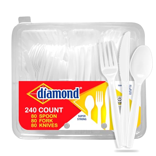 Diamond Heavy Duty Disposable Cutlery Set 240 Count 80 Forks 80 Spoons 80 Knives Durable Plastic Utensils Reusable Tray Lunch Parties Events Made in USA