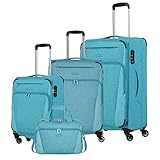 LIEFERUMFANG: 1 x Reisekoffer Set Weichschale Größen L erw. (79 cm), M erw. (67 cm) und S Handgepäck Maße: 54 x 38 x 20 cm erfüllt IATA Norm; zusätzliche Bordtasche im Set enthalten; Material Polyester; Farbe Türkis; Größen L und M mit TSA Schoss, Größe S mit Zahlenschloss