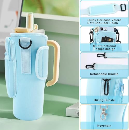 Image of House of Quirk Water Bottle Carrier Bag with Phone Pocket for Stanley 40 /30 oz Tumbler Neoprene Water Bottle Holder Pouch with Adjustable Strap (Mint)