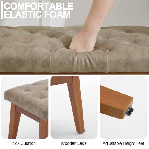 Image of 43.5 inch Button Tufted Faux Leather End of Bed Entryway Bench, Light Taupe | Padded upholstered bench with solid wood legs, ideal for entryway, dining room, bedroom, vanity area, or living room.