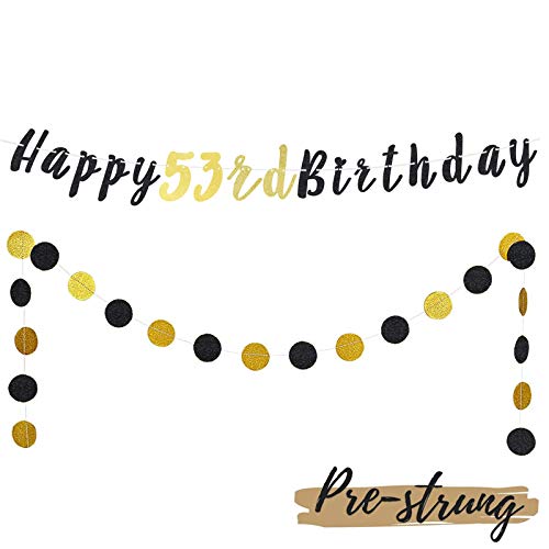 LASKYER Happy 53rd Birthday Decoration Set - 53rd Bday Banner with Black & Gold Glitter Circle Dots Cheers to 53 Years Old Birthday Party Decorations.[Pre - Strung]
