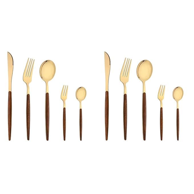 Image of aDai 10 pcs Golden Flatware Cutlery Set - Stainless Steel with Wooden Handle Tableware Set - 4 Spoons, 4 Forks & 2 Steak Knife