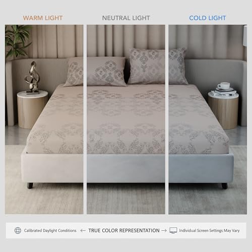 Image of BLISSHOME Everlast 150TC King Size Fitted Bedsheet with 2 Pillow Covers, Aesthetic Bedding, Wrinkle Resistant, 100+ Wash Durable, Quick Dry, Elegant Ornate Pattern - Champagne (183cm x198cm+25cm Drop)