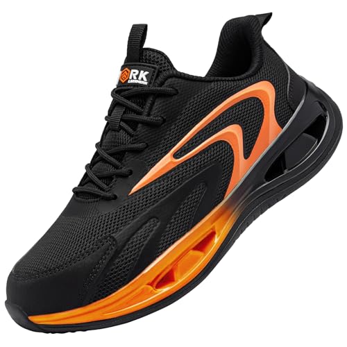 LARNMERN Sicherheitsschuhe Arbeitsschuhe Herren Atmungsaktive Mode Leichte Komfort Arbeitsturnschuhe Bequeme Dämpfung Anti-Smashing (Schwarz Orange,43EU)