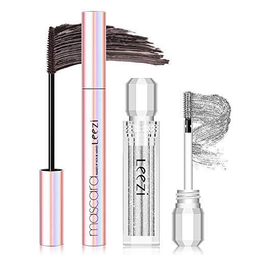 4D Silk Fiber Lash Mascara, Brown Color & Glitter Macara - Voluminous Extension for Longer Sparkling Diamond Shining Eyelashes, Natural Non-Toxic Hypoallergenic Eye Makeup Set (#5 Brown)