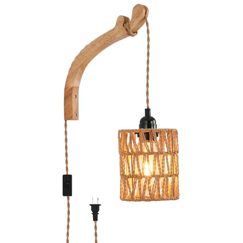 CAFULAM Plug in Wall Sconce,Farmhouse Wicker Wall Lamp Plug in,Hand Woven Rattan Wall Light Farmhouse Rustic Boho Sconces Wall Lighting for Living Room Bedroom