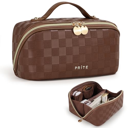 Trousse de maquillage pour femme Prite en cuir végétalien à carreau brun et ouverture plate