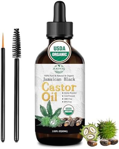MMPANG USDA Organic Jamaican Black Castor Oil - 100% Pure, Cold Pressed, Hexane-Free & Vegan, 2oz Brown Glass Bottle w/Dropper & Dual Brush for Hair Growth, Thicker Eyelashes, Brows & Scalp Care