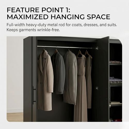 Image of FFO Metrix 3 Door Wardrobe for Bedroom | Black Wooden Almirah with Hanging Rod, Shelves & Lock | Spacious Clothes Storage Cabinet for Home, Bedroom, Hostel & Office | Modern Engineered Wardrobe DIY.