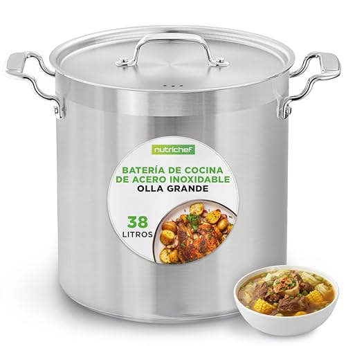 Nutrichef Olla acero inoxidable, Grande, Cazuela, Cacerola, 38 litros, Con tapa, Ideal para sopa, Asas fuertes