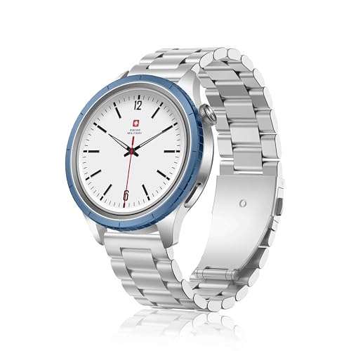 Swiss Military DOM8 Smartwatch, 1.43” AMOLED Display, Bluetooth Calling, Silver Metal Strap + Extra Silicone Strap, IP67, Health Tracking, Multi-Sport, Wireless Charging, iOS & Android (Blue Ring)