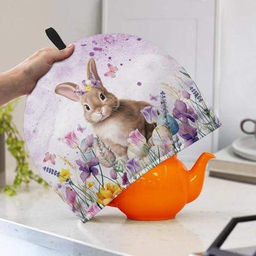 Image of Easter Day Decor Tea Cozy for Teapot, Watercolor Floral Rabbit Print Kitchen Accessory Tea Pot Cosy Thermal Kettle Cover Breakfast Warmer for Home Kitchen Decoration