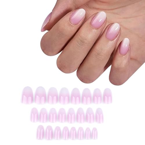 Tavvke 24 Pcs French Tip Press On Nails, Nude Pink Gradient Glitter Stick-On Fake Nails, Short Almond Full Cover False Nail for Women and Girls