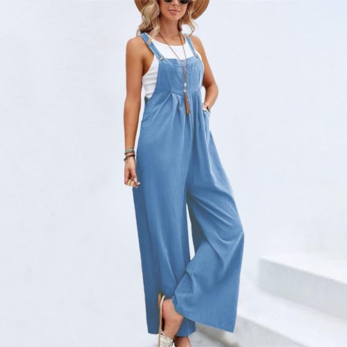Image of Kubbon Womens Wide Leg Jumpsuits Sleeveless Straps Bib Overalls Summer Baggy Casual Pants Rompers Overalls with Pockets