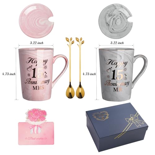 15th Wedding Anniversary Gif-ts, 15 Years Wedding Anniversar-y Gifts, 2PCS Happy 15th Anniversar-y Gift Mr Mrs Gifts Marble Ceramic Cups 14oz with Spoon, Giftbox, Crystal Anniversary Gi-fts for Him by YIKILYLIFE - Used condition - Image 2