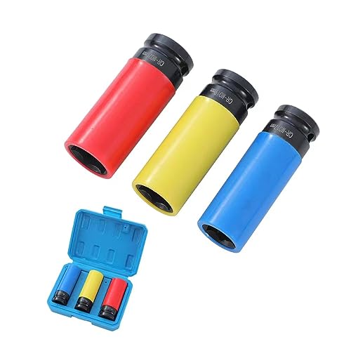 TOPWAY 1/2 Inch Drive Wheel Protector Impact Deep Socket Set 17mm 19mm 21mm 3PCs Thin Wall Multicolour Metric Lug Nut Sockets, Chrome Vanadium Steel, Auto Repairing Garage Tool