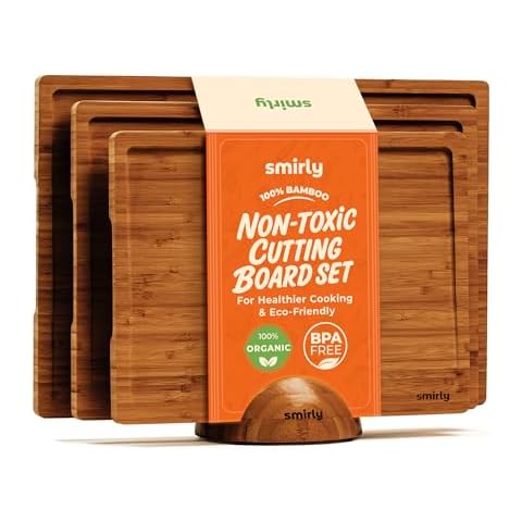 SMIRLY Wood Cutting Boards for Kitchen Wooden Chopping Board Set Reversible with Deep Juice Grooves Grip Handles, Large Charcuterie Tray, New Apartment Essentials, Carbonized Bamboo, 3Pcs with Holder Cover