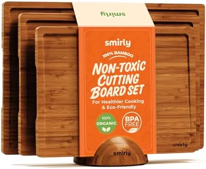 SMIRLY Wood Cutting Boards for Kitchen Wooden Chopping Board Set Reversible with Deep Juice Grooves Grip Handles, Large Charcuterie Tray, New Apartment Essentials, Carbonized Bamboo, 3Pcs with Holder