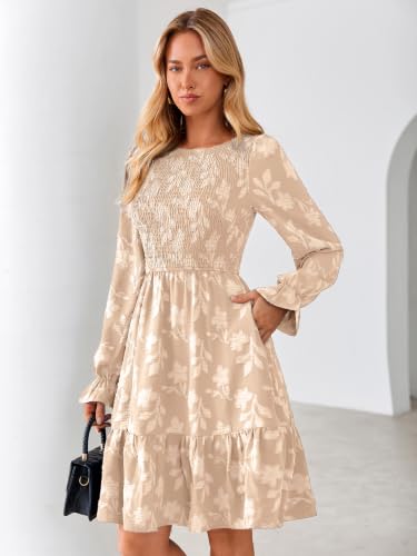 Simplee Womens Long Sleeve Mini Dress Casual Smocked Baydoll A Line Vacation Party Short Fall Dresses with Pockets Beige — view 2