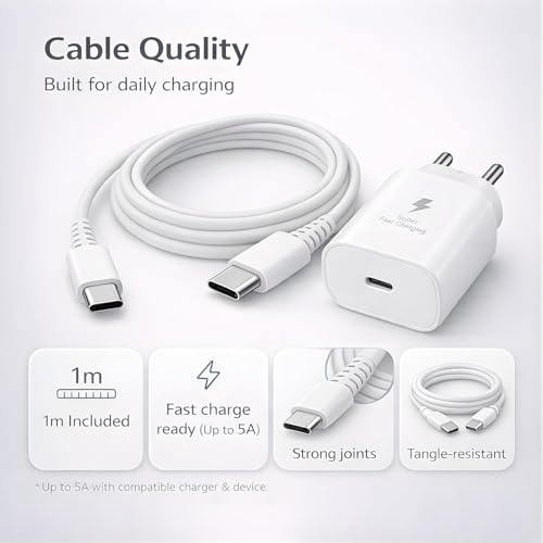 Image of Samsung 25W PD 3.0 Type C Fast Charging Adapter (PPS) for Galaxy M17|M07|M36|M06|M35|A56|A55, A37|A35|A06|F06|F16|F36|S25 FE|S25 Plus|S24|S23|S22|Tab S10 Ultra|Tab S10+ | 25W Quick Charger, White