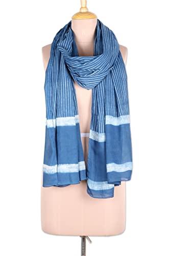 NOVICA Artisan Handmade Cotton Shawl Blue White Mud Resist Striped Block Print Accessories Shawls India ' Dabu Blue'2