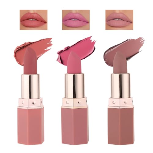 Matte Lipstick Set of 3 - Long Lasting Velvet Lipstick In Peach, Pink & Nude Shades For Women, Highly Pigmented & Hydrating Non-Stick Lip Gloss For Everyday Wear, Creamy Texture & Smooth Finish