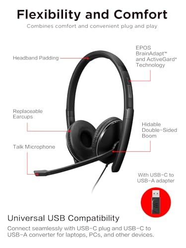 Image of Lenovo Wired ANC Headset Gen 2 (Teams) with Active Noise Cancellation, EPOS BrainAdapt & ActiveGard Tech, Lightweight, USB-C, Plug-and-Play, Zoom Certified, Customizable, Hearing Protection