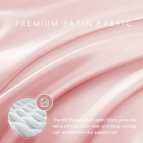 Image of MR&HM Satin Bed Sheets, Full Size Sheets Set, 4 Pcs Silky Bedding Set with 15 Inches Deep Pocket for Mattress (Full, Light Pink)