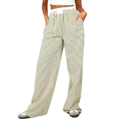 Alaurbeauty Pantalones de pijama Y2k para mujer, a rayas, pierna ancha, cintura elástica, pantalones casuales sueltos con bolsillo, pantalones largos para el tiempo libre, ropa de calle, verde, L | Ya disponible en tu tienda friki favorita! En mundofriki.es!