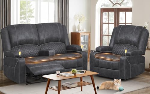 Yolsali Loveseat Recliner Sofa Set with 2-Tier Cushion, 2+1 Pieces in Living Room, 2 Seater Reclining Loveseat Leather with Removable Console, 1 Oversize Recliner Chair Sofa Seat - Grey
