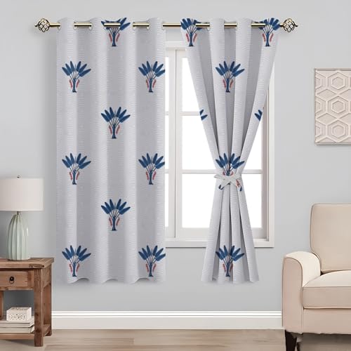 Image of Amazon Basics - Floral Print Light Filtering Curtains | 100% Cotton 150 TC | Set of 2 | 5 Feet | 115 x 150 cm | Blue | Eyelets & Tiebacks| Ideal for Bedroom and Living Room