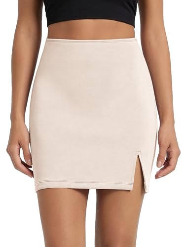 ODODOS Modal Soft Mini Skirt for Women, Side Slit High Waist A-Line Casual Daily Skirts, Beige, Medium